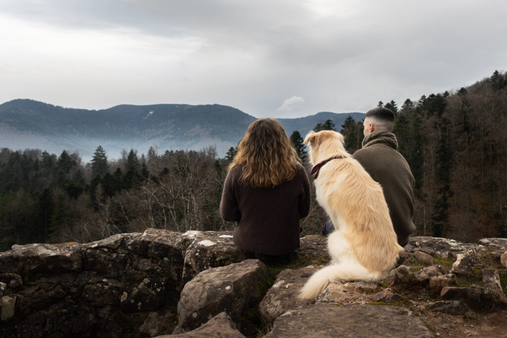 Photographie d'un chien et ses maître de dos avec un paysage devant eux au Nideck