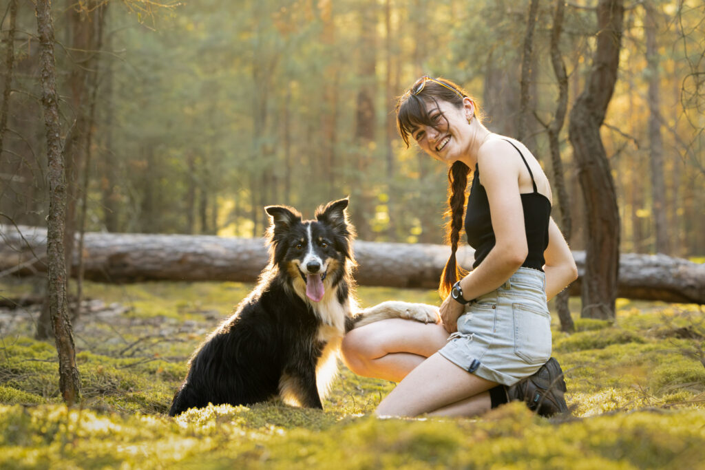 Photographie d'un border collie et sa maîtresse en foret au coucher du soleil