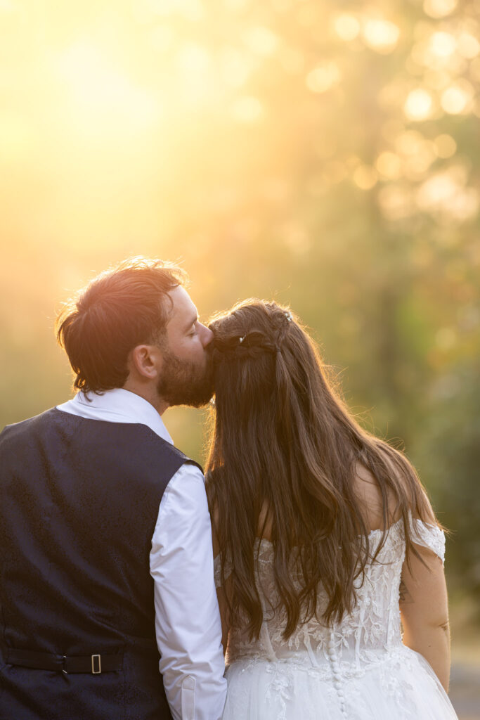 photographie d'un couple de marié de dos au coucher du soleil en Alsace
